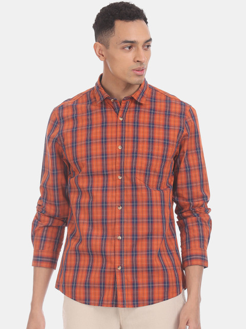 

Ruggers Men Orange Regular Fit Checked Casual Shirt