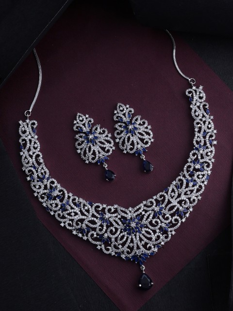 

Voylla Silver-Plated White & Blue Floral Motifs CZ Gems Embellished Handcrafted Jewellery Set