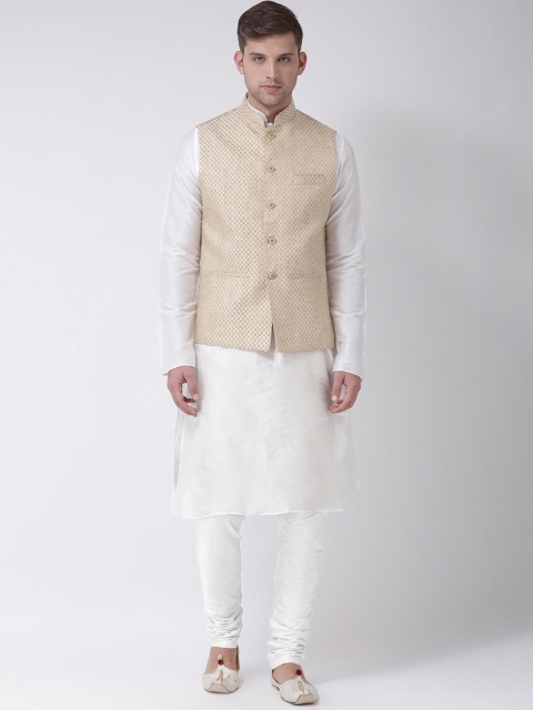 

TABARD Men White & Beige Solid Kurta with Churidar & Nehru jacket