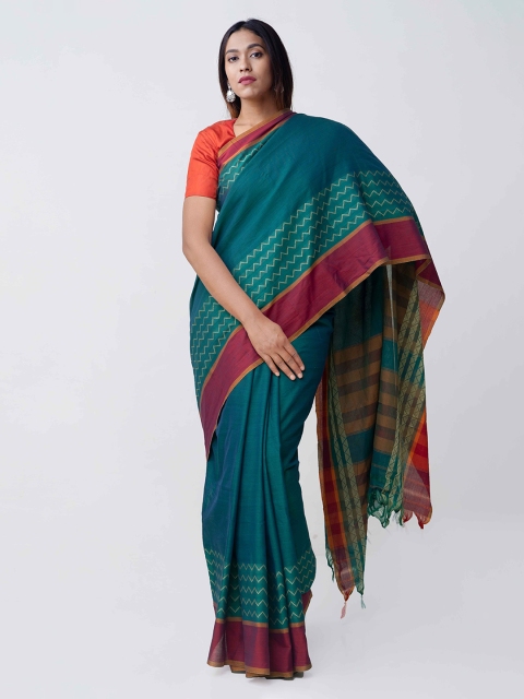 

Unnati Silks Teal Blue Pure Cotton Solid Handloom Narayan Peth Saree