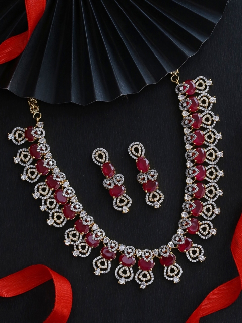 

Voylla Gold-Plated White & Red CZ Gemstones Embellished Handcrafted Jewellery Set