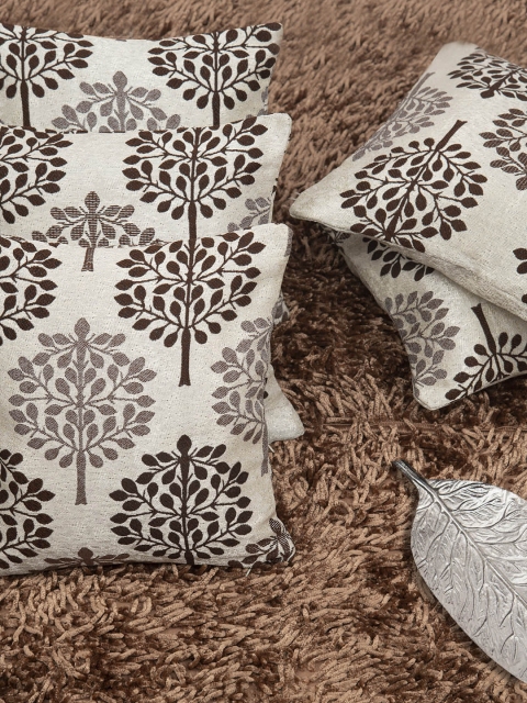 

HOUZZCODE Coffee Brown & Off-White Set of 5 Floral Square Cushion Covers
