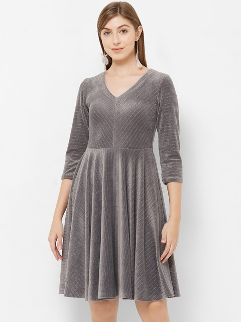 

Soie Women Grey Self Design Fit and Flare Dress