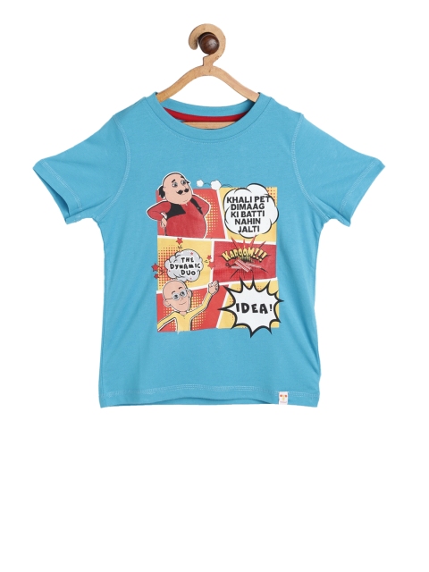 

Motu Patlu Boys Turquoise Blue & Red Printed Round Neck T-shirt