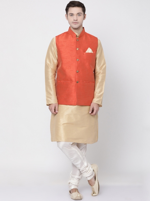 

TABARD Men Beige & White Solid Kurta with Churidar & Nehru jacket