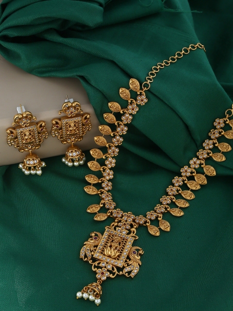 

Voylla Gold-Plated White & Red Stone-Studded Faux Pearl Embellished Handcrafted Temple Jewellery Set