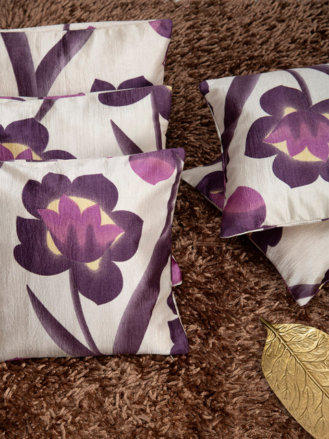 

HOUZZCODE Off-White & Purple Set of 5 Floral Square Cushion Covers