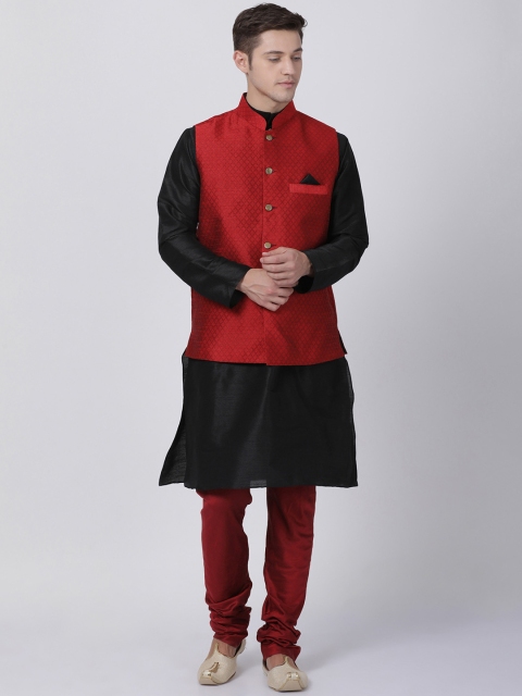 

TABARD Men Black & Maroon Solid Kurta with Churidar & Nehru jacket
