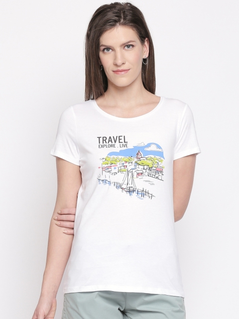 

Honey by Pantaloons Women White Printed Round Neck Pure Cotton T-shirt