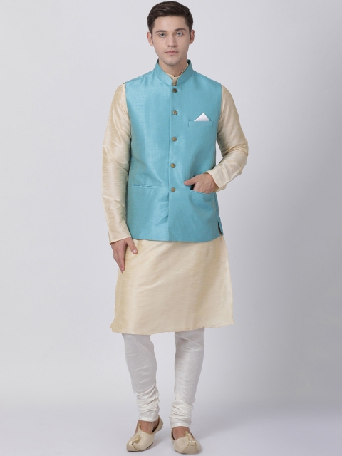 

TABARD Men Beige & White Solid Kurta with Churidar & Nehru Jacket