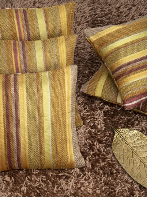 

HOUZZCODE Brown & Yellow Set of 5 Striped Square Cushion Covers