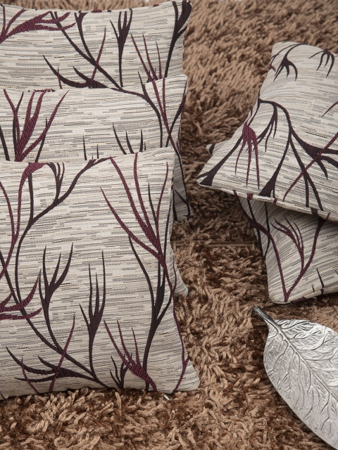 

HOUZZCODE Burgundy & Beige Set of 5 Abstract Square Cushion Covers