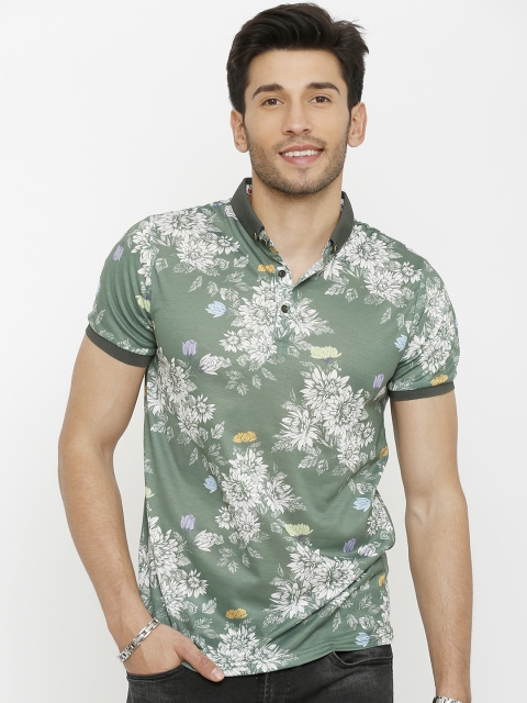 

Rex Straut Jeans Men Green & White Floral Printed Polo Collar T-shirt