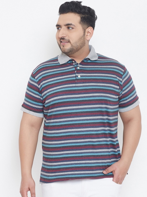 bigbanana Plus Size Men Navy Blue Striped Polo Collar T-shirt