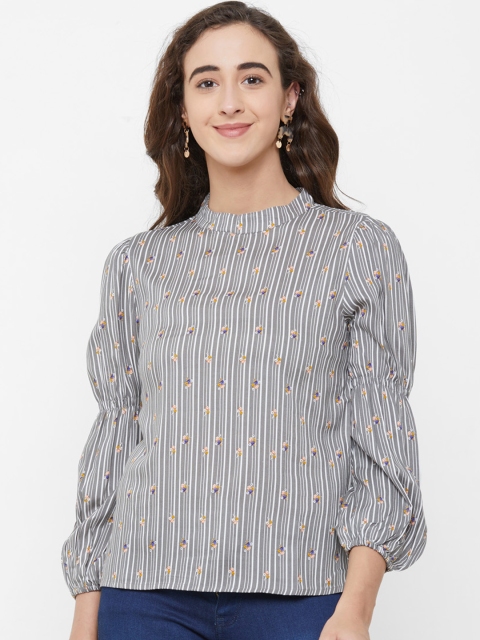 

109F Women Grey & White Floral Striped Top