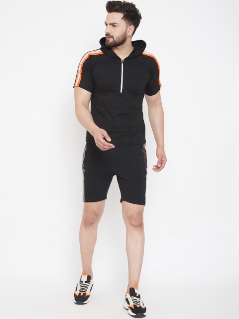 

FUGAZEE Men Black & Neon Orange Reflective Slim-Fit Hooded T-Shirt and Shorts Set