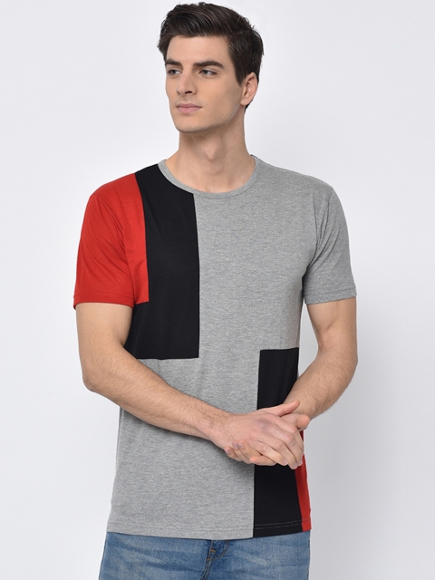 

VIMAL JONNEY Men Grey Melange & Black Colourblocked Round Neck T-shirt