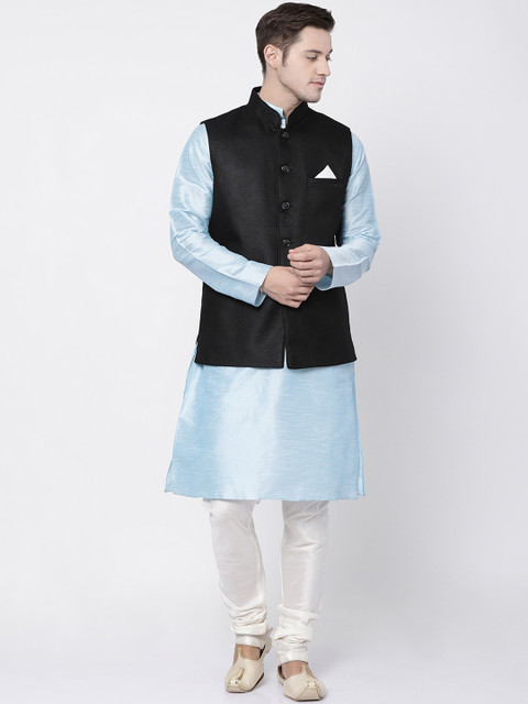 

TABARD Men Blue & White Solid Kurta with Churidar & Nehru jacket