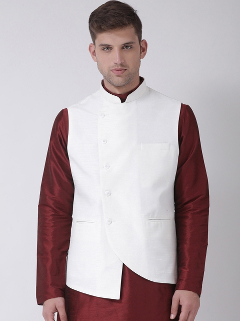 

TABARD Men White Solid Pure Silk Woven Nehru Jacket