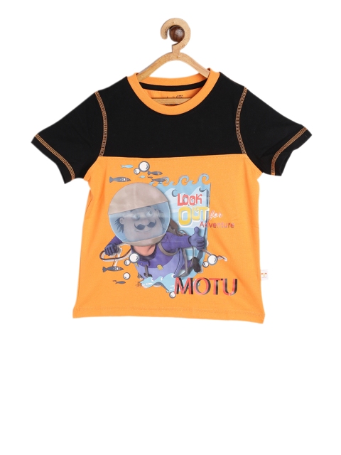 

Motu Patlu Boys Orange & Black Printed Round Neck T-shirt