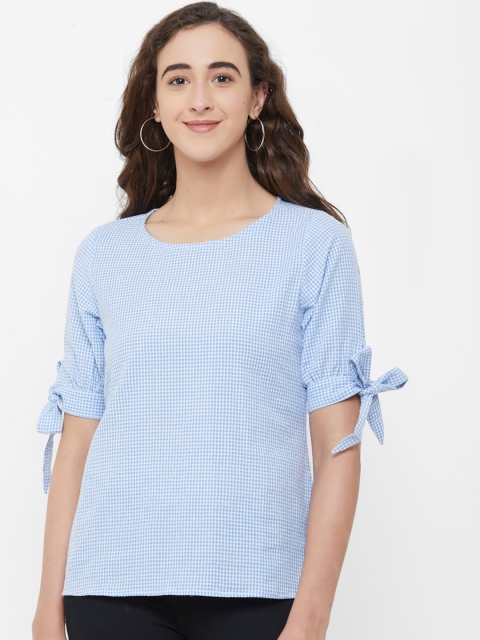 

109F Women Blue & White Checked Pure Cotton Top