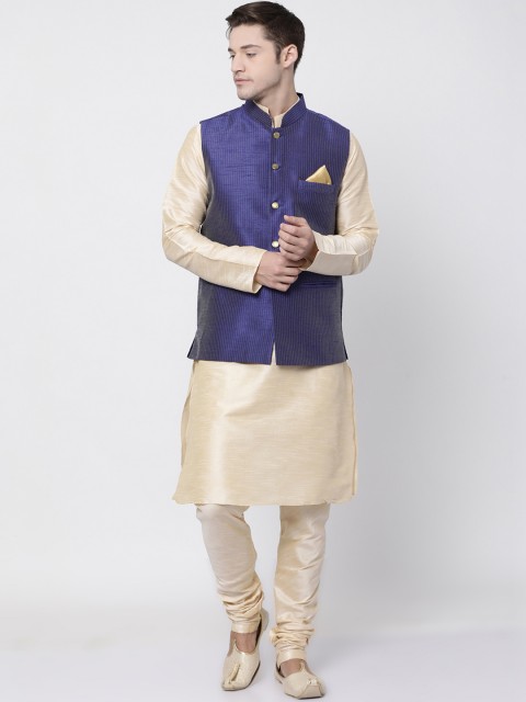 

TABARD Men Beige & Blue Solid Kurta with Churidar & Nehru jacket