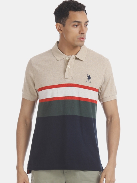 

U.S. Polo Assn. Men Beige & Navy Blue Colourblocked Polo Collar T-shirt