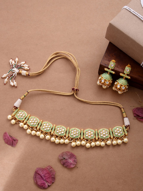 

Tistabene Gold-Plated Off-White & Green Enamelled Pearl Beaded Choker Jewellery Set
