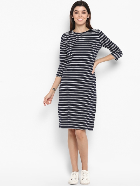 

Color Cocktail Women Navy Blue Striped T-shirt Dress