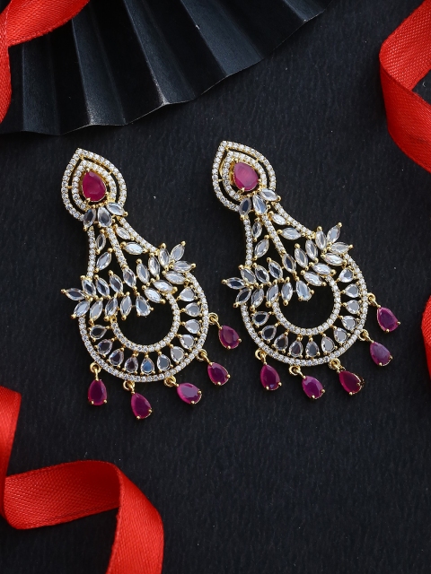 

Voylla Gold-Plated & White Zircon Studded Crescent Shaped Drop Earrings