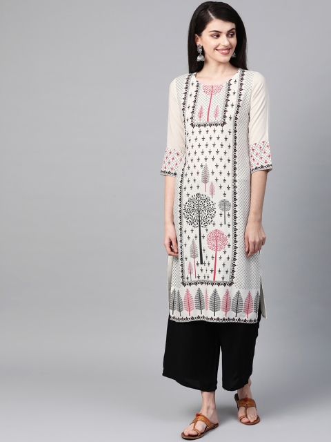 

ZIYAA Women Cream-Coloured & Black Printed Straight Kurta
