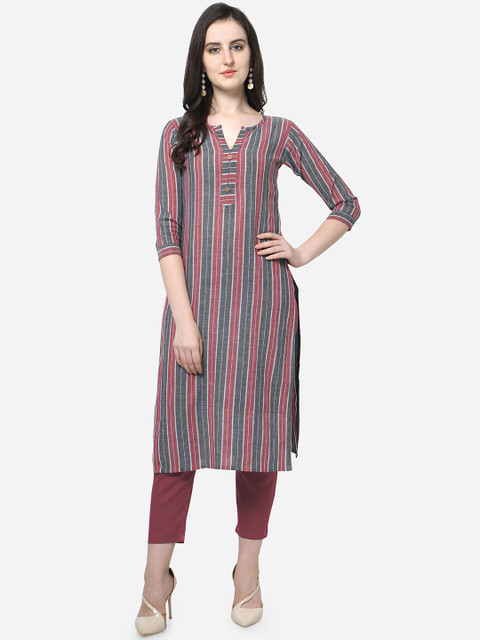 

Kvsfab Women Red & Grey Striped Straight Kurta