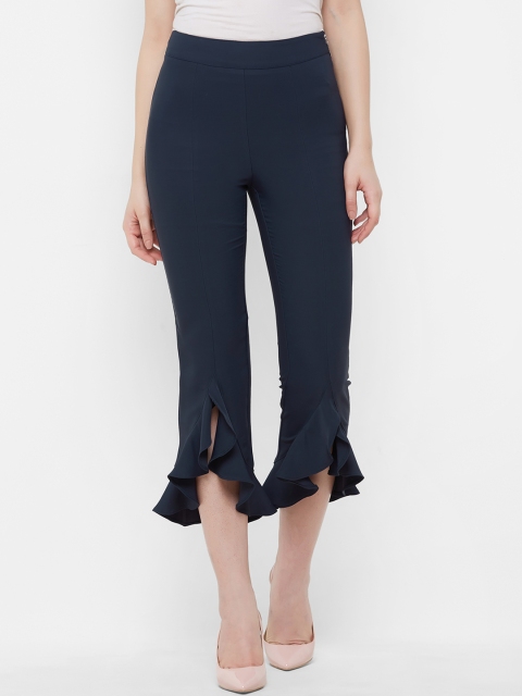 bebe Women Navy Blue Regular Fit Solid Bootcut Trousers