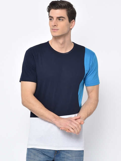 

VIMAL JONNEY Men Navy Blue & Off-White Colourblocked Round Neck T-shirt
