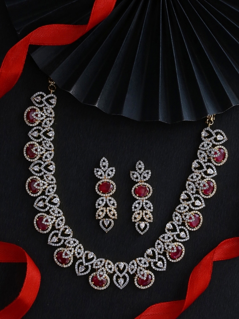 

Voylla Gold-Plated White & Red CZ-Studded Filigree Design Handcrafted Jewellery Set