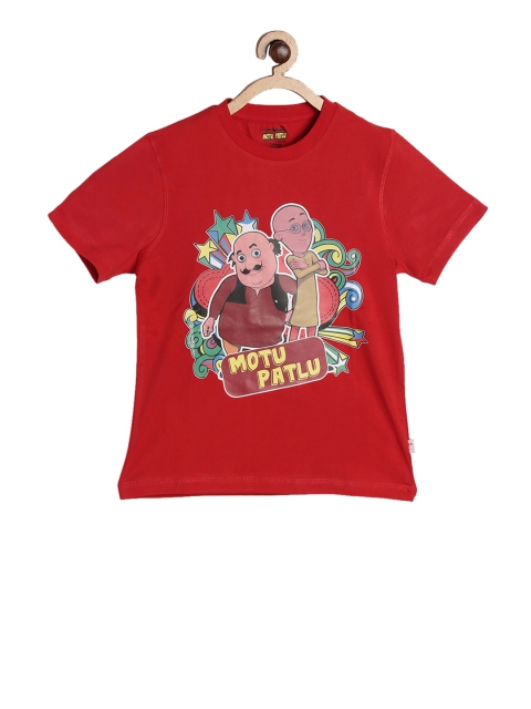

toothless Boys Red Yellow Motu Patlu Printed Round Neck Pure Cotton T-shirt