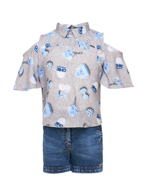 

Tiny Baby Girls Grey & Blue Printed Shirt with Shorts