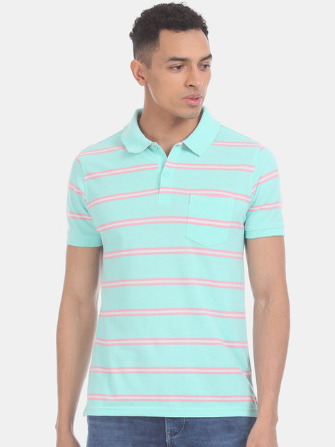 

Ruggers Men Sea Green & Pink Striped Polo Collar T-shirt