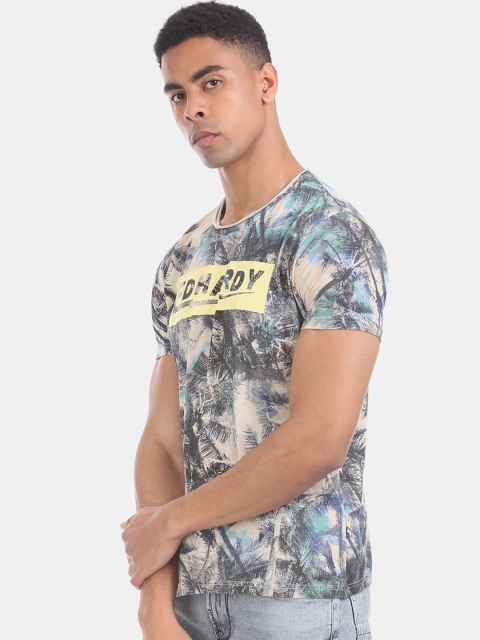

Ed Hardy Men Beige Blue Printed Round Neck Pure Cotton T-shirt