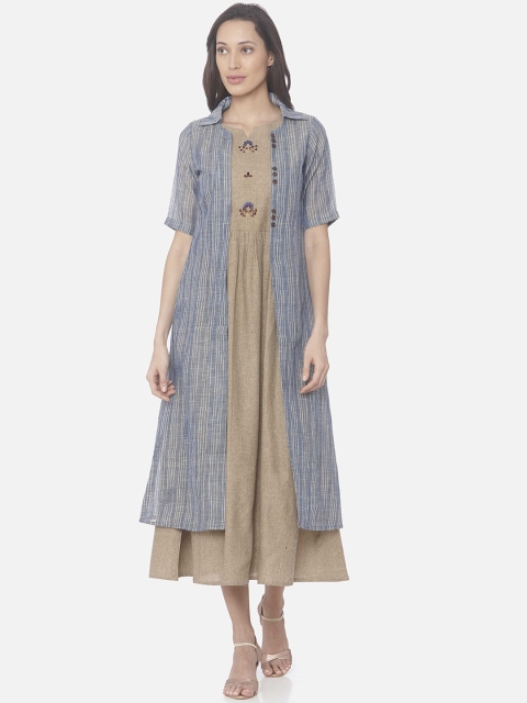 

RAISIN Women Blue Solid Fit and Flare Dress With Ethnic Jacket