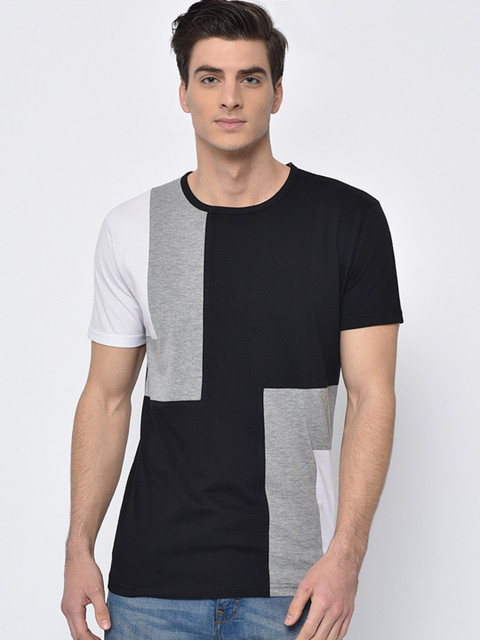 

VIMAL JONNEY Men Black & Grey Melange Colourblocked Round Neck T-shirt