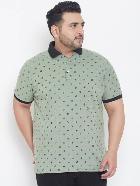 

bigbanana Plus Size Men Olive Green Printed Polo Collar T-shirt