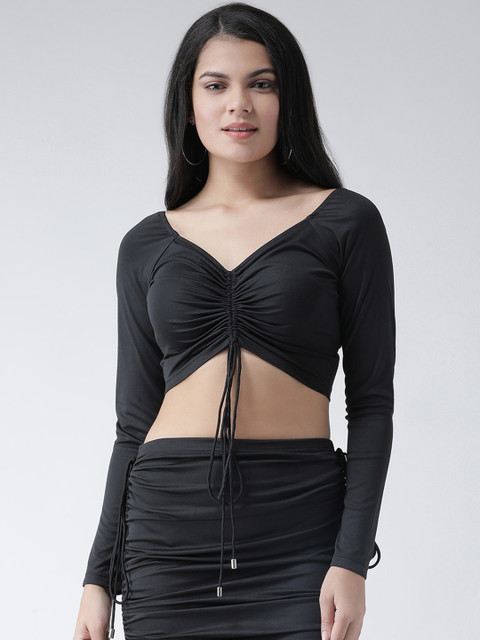 

Texco Women Black Solid Cinched Waist Knot Crop Top