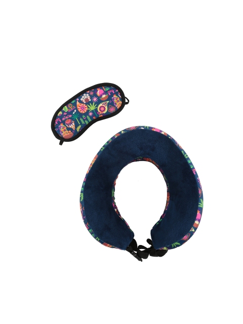 

Chumbak Unisex Navy Blue & Pink Printed Tropical Market Travel Pillow With Eye Mask