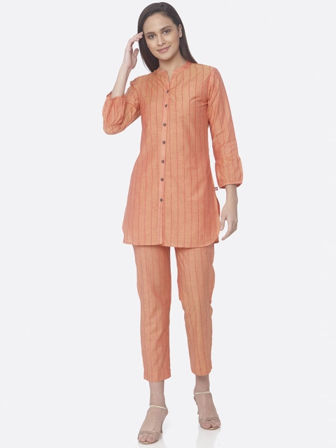 

RAISIN Women Orange Striped Kurti with Trousers