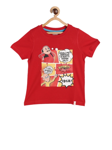 

Motu Patlu Boys Red Off-White Printed Round Neck T-shirt