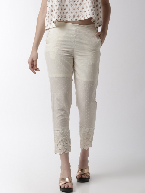 

De Moza Women Off-White Slim Fit Self Design Cigarette Trousers