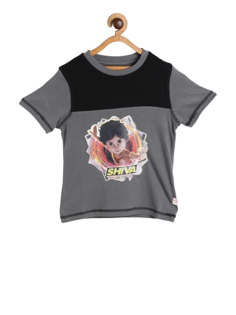 

toothless Boys Grey & Black Shiva Printed Round Neck Pure Cotton T-Shirt