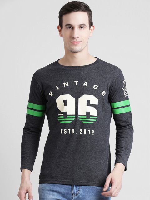 

oneliner Men Charcoal Grey Printed Slim Fit Round Neck T-shirt