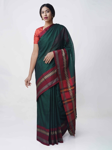 Unnati Silks Green Pure Cotton Solid Handloom Narayan Peth Saree